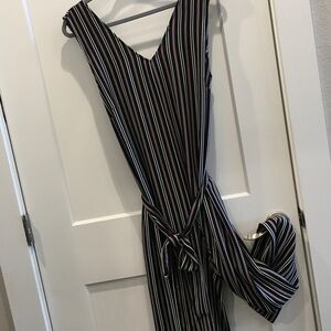 Max Studio XL Striped Sleeveless Jumpsuit Belt Back Zipper Used Pockets